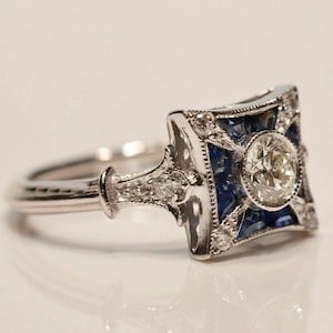 Antique Wedding Engagement Ring, Old European With Blue Sapphire Baguette Cut CZ Stone Ring, Retro Vintage Style Ring, Woman&#39;s Art Deco Ring