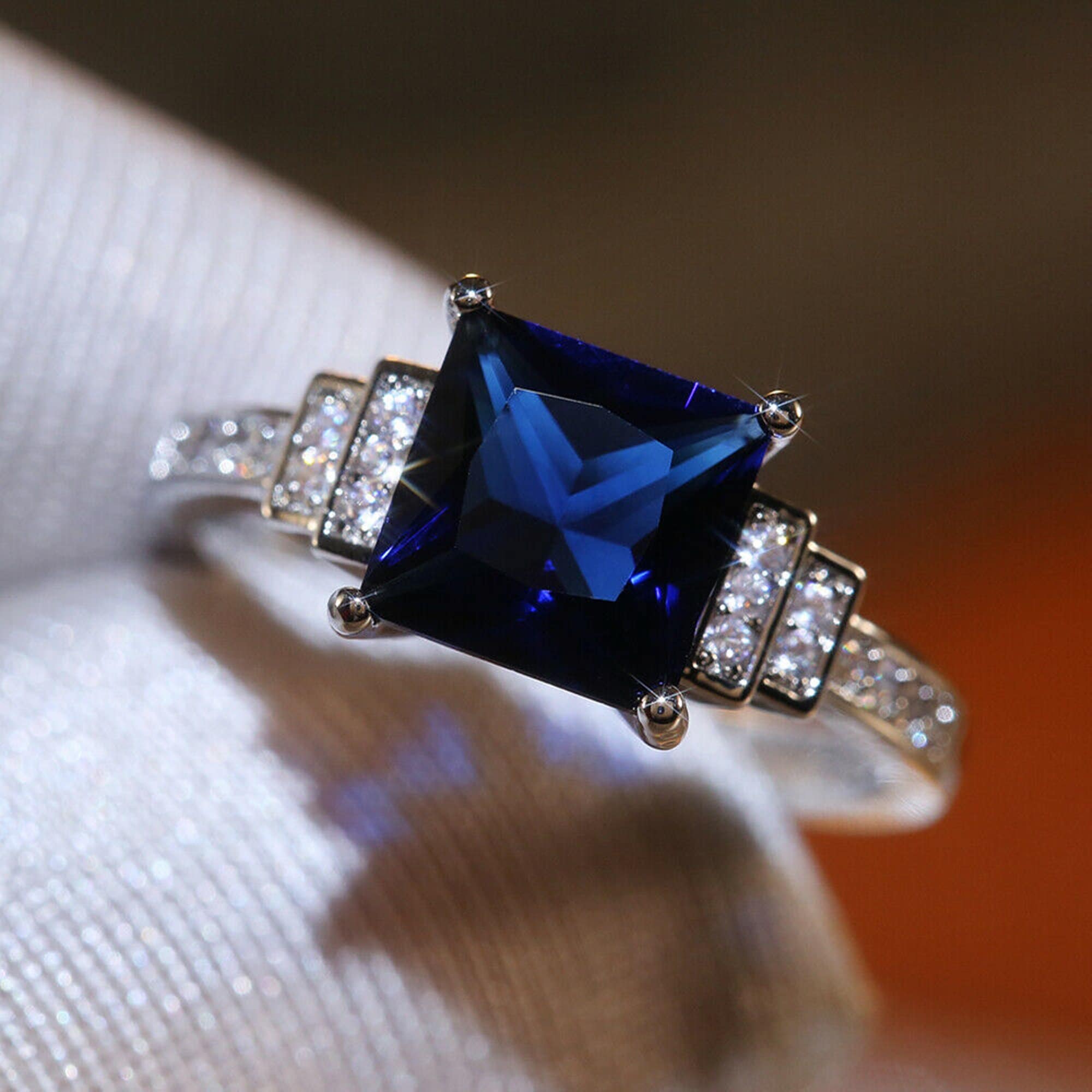 Princess Cut Diamond Engagement Ring w/ Sapphire Halo