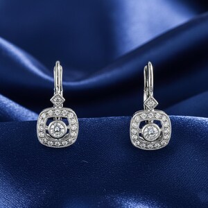 14k White Gold Vintage Style Diamond Lever Back Earring, Round Cut Moissanite Wedding Earring For Her, Art Deco Drop Dangle Women&#39;s Earring