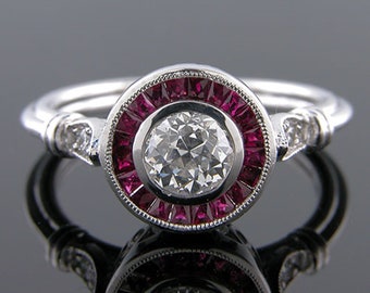 Anello di fidanzamento con rubino antico e alone, stile europeo antico con pietra zirconia cubica taglio baguette, anello in stile vintage con castone Milgrain, regalo di compleanno
