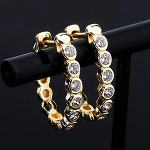 Yellow Gold Huggie Hoop Earring, Round Cut Moissanite Diamond Huggie Earring, Bezel Set Hoop Earring, Woman's Clip On Earring, Birthday Gift