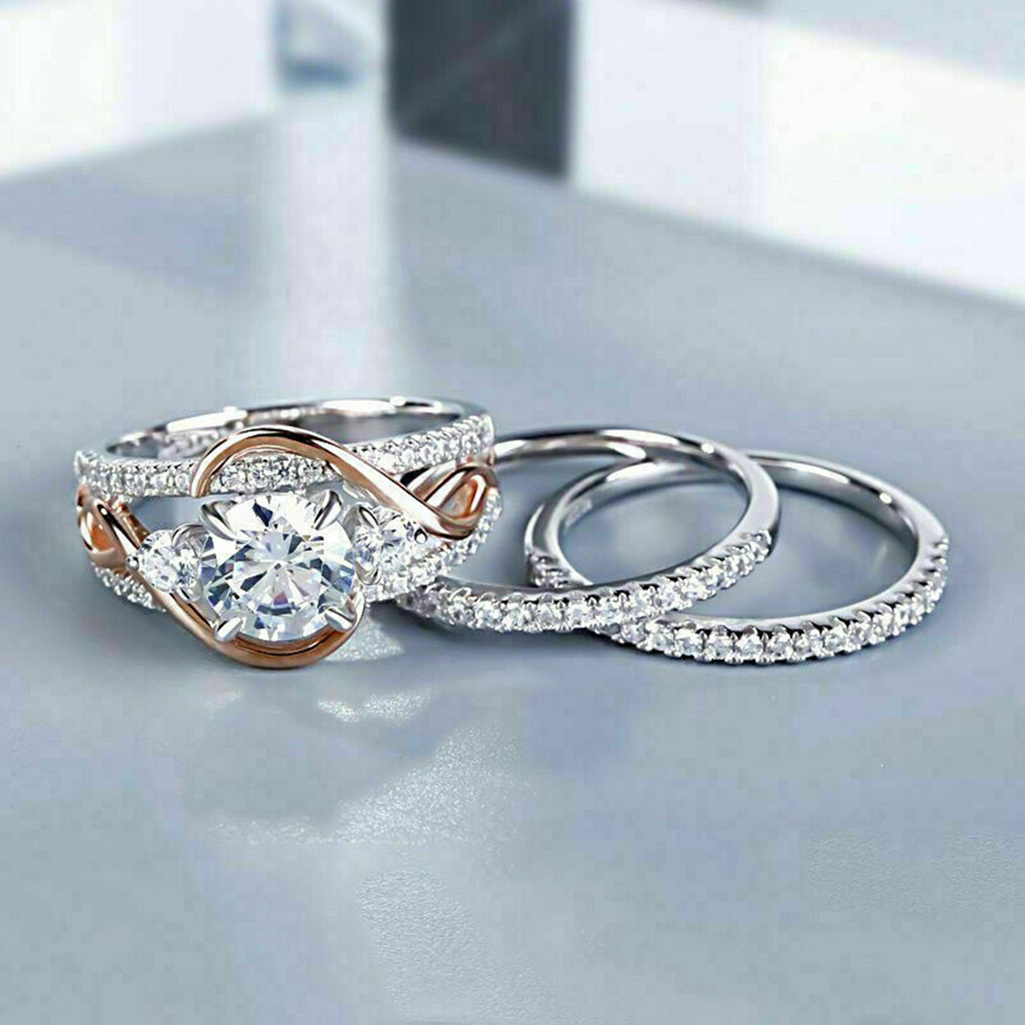Two Tone Gold Bridal Ring Set, 2.98TCW Round Moissanite Diamond Trio ...