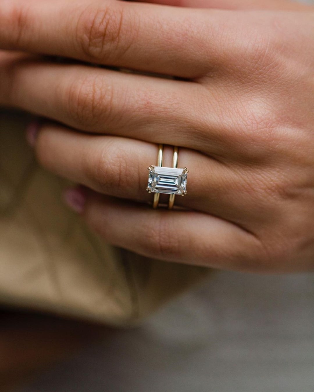 Solitaire Wedding Ring Double Band Ring Emerald Moissanite Diamond