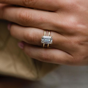 Solitaire trouwring, dubbele bandring, smaragdgroene moissanite diamanten verlovingsring, 10K geelgouden klassieke ring, ring jubileumcadeau