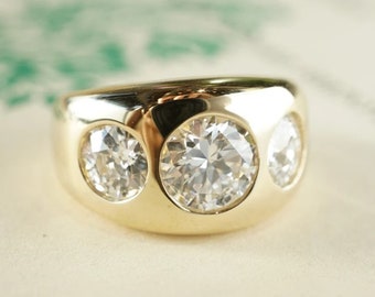Flush Set Three Stone Men's Ring, Round Cut Moissanite Diamond Ring, 10K/14K/18K Yellow Gold Engagement Ring, Gift For Father, Fine Jewelry