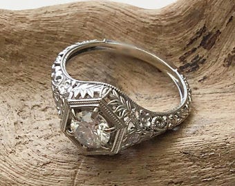 Antyczny, filigranowy pierścionek inspirowany stylem vintage, okrągły pierścionek z diamentem moissanite, obrączka ślubna w stylu art déco dla niej, pierścionek zaręczynowy z pojedynczym elementem