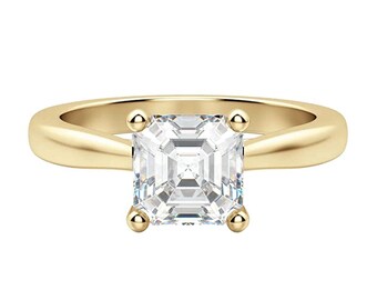 Yellow Gold Solitaire Diamond Ring, 6 MM Asscher Cut Moissanite Diamond Ring, Classic Wedding & Engagement Ring, Minimalist Ring For Women