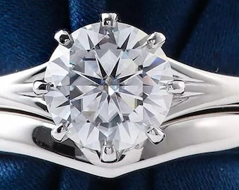 Chevron Promise Band, Solitaire Round Moissanite Diamond Ring Set, Wedding Bridal Ring Set, Women's Engagement Ring Set, Party Wear Ring Set