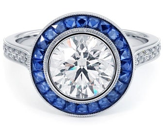 Milgrain Bezel Set Halo Ring, Round With Blue Sapphire Baguette Cut CZ Stone Ring, Art Deco Vintage Style Ring, Antique Engagement Ring