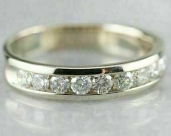 Channel Set Half Eternity Band, Round Cut Moissanite Diamond Wedding Band, 925 Silver Stackable Band, Engagement Promise Band, Birthday Gift