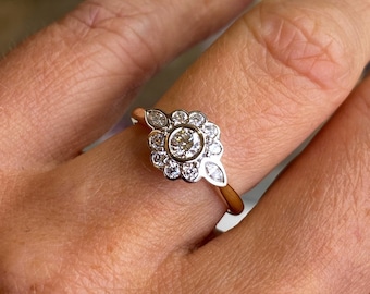 Minimalist Flower Ring, Round With Marquise Cut Moissanite Diamond Ring, Bezel Set Halo Floral Ring, Delicate Engagement Ring, Birthday Gift
