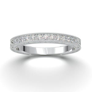 Milgrain Art Deco Half Eternity Band, Antique Engraved Band Ring, 0.6TCW Round Moissanite Diamond Engagement Band, White Gold Wedding Band