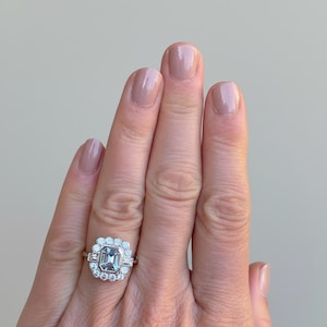 Halo Gemstone Anniversary Ring, Aquamarine Emerald Cut CZ Stone Wedding Bridal Ring, Art Deco Engagement Ring, Vintage Style Women's Ring
