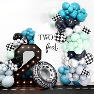 126Pcs Race Car Theme Balloon Garland, Two Fast Birthday Decorations, Checkered Flag Balloon Party Supplies, Car Themed Party Decor