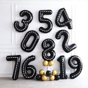 Racing Car Theme Number Balloons, Black Foil Balloons 0-9, Racing Car Track Balloons, Two Fast Birthday Decor, First Birthday Party