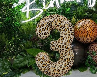 Leopard Print Large Number Balloon, Helium Number Balloons, Foil Balloons 0-9, Animal Theme Number Balloons, Jungle Safari Birthday Balloon