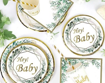 Eucalyptus servies voor babyshowers: groene feestborden, kopjes, servetten