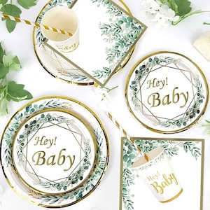 Eucalyptus Baby Shower Tableware Set, Botanical Hey Baby Shower Plates, Greenery Baby Shower Party Supplies, Sage Green Paper Plates Set