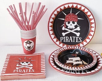 Serviesset piratenverjaardagsfeestje: decor met schedel en gekruiste knekels (79-delig)