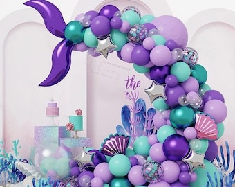 Kit ghirlanda di palloncini a forma di sirena: palloncini viola, verde acqua e coriandoli