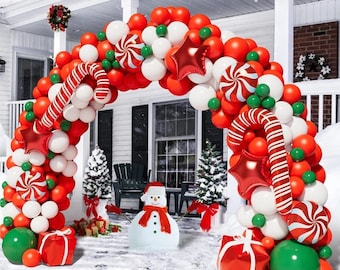 145pcs Christmas Candy Cane Balloon Garland Kit, Red and White Christmas Balloon Arch, Candy Christmas Party Balloons, Candy Balloon Garland