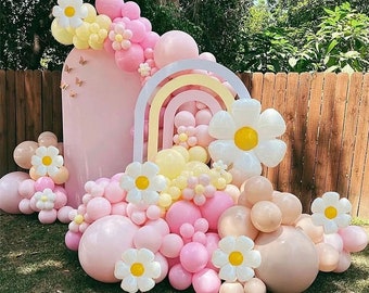 152pcs Daisy Balloon Garland Kit, Pink Pastel Balloon Arch, Daisy Party Theme Decor, Candy Coloured Balloon Arch,Retro Groovy Flower Garland