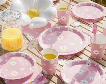 96-delig Daisy verjaardagsfeestje servies, Daisy thema verjaardag decor, roze feestartikelen, meisjes verjaardagsfeestje decor, Daisy papieren borden set