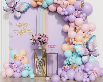 148pcs Butterfly Pastel Arch Garland, Purple Baby Shower Arch, Girls Party Decor, Pastel Birthday Balloons, Butterfly Birthday Decor