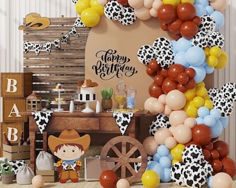 Kit ghirlanda di palloncini da cowboy: decorazioni per feste di compleanno da rodeo, stampa di mucca, 142 pezzi