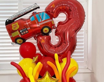 28pcs Fire Engine Number Balloon set, Fireman Balloon Sculpture, Firefighter Themed Birthday, Fire Truck Party Decor, Red Number Balloon