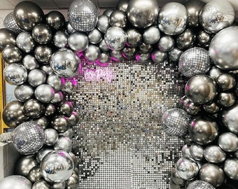 Guirlande de ballons disco en métal argenté 112 pièces, décoration de fête disco des années 80, arche de ballons noir métallique, guirlande de ballons chromée argentée