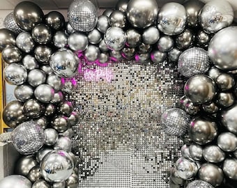 112pcs Silver Metal Disco Balloon Arch Garland, 80s Disco Party Decor, Metallic Black Balloon Arch, Silver Chrome Balloon Garland