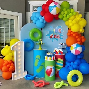 Summer Beach Party Balloon Arch Garland, Pool Party Balloons, Beach Ball Balloon Arch, Colourful Birthday Balloons, Summer Birthday Decor