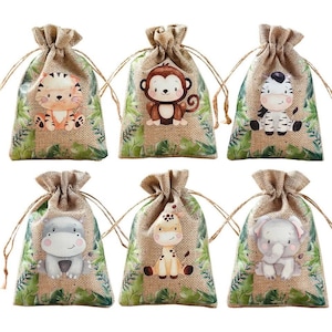 6pcs Jungle Animal Candy Bags, Safari Favour Bags, Animal Hessian Party Bags, Animal Birthday Party Tableware, Jungle Themed Birthday Decor