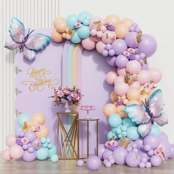 148pcs Butterfly Pastel Arch Garland, Purple Baby Shower Arch, Girls Party Decor, Pastel Birthday Balloons, Butterfly Birthday Decor