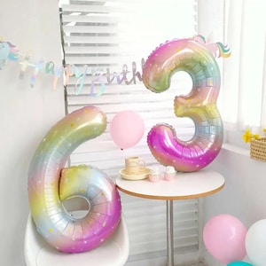 Rainbow Foil Number Balloon, 40inch Foil Balloon, Unicorn Birthday Party Decor, Number Birthday Balloon, Girls Age  Birthday Balloon