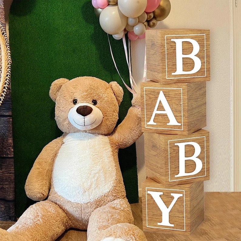 Wooden Baby Shower Box Blocks, Bear Theme Baby Shower Decorations, Pop
