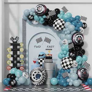 148pcs Racing Car Balloon Garland Kit, Car Themed Party Decor, Two Fast Birthday Party Decorations, Checkered Flag and Race Line Party Decor