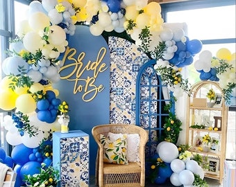 Ghirlanda di palloncini a tema mediterraneo blu e giallo da 163 pezzi, decorazioni di compleanno della Costiera Amalfitana, addio al nubilato mediterraneo, decorazioni per feste al limone