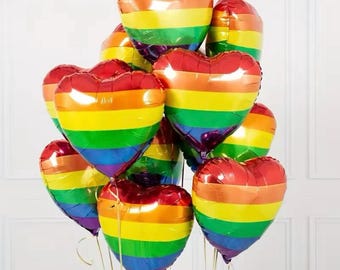 Rainbow Stripe Heart Foil Balloons: Pride Party Decorations, Set of 10