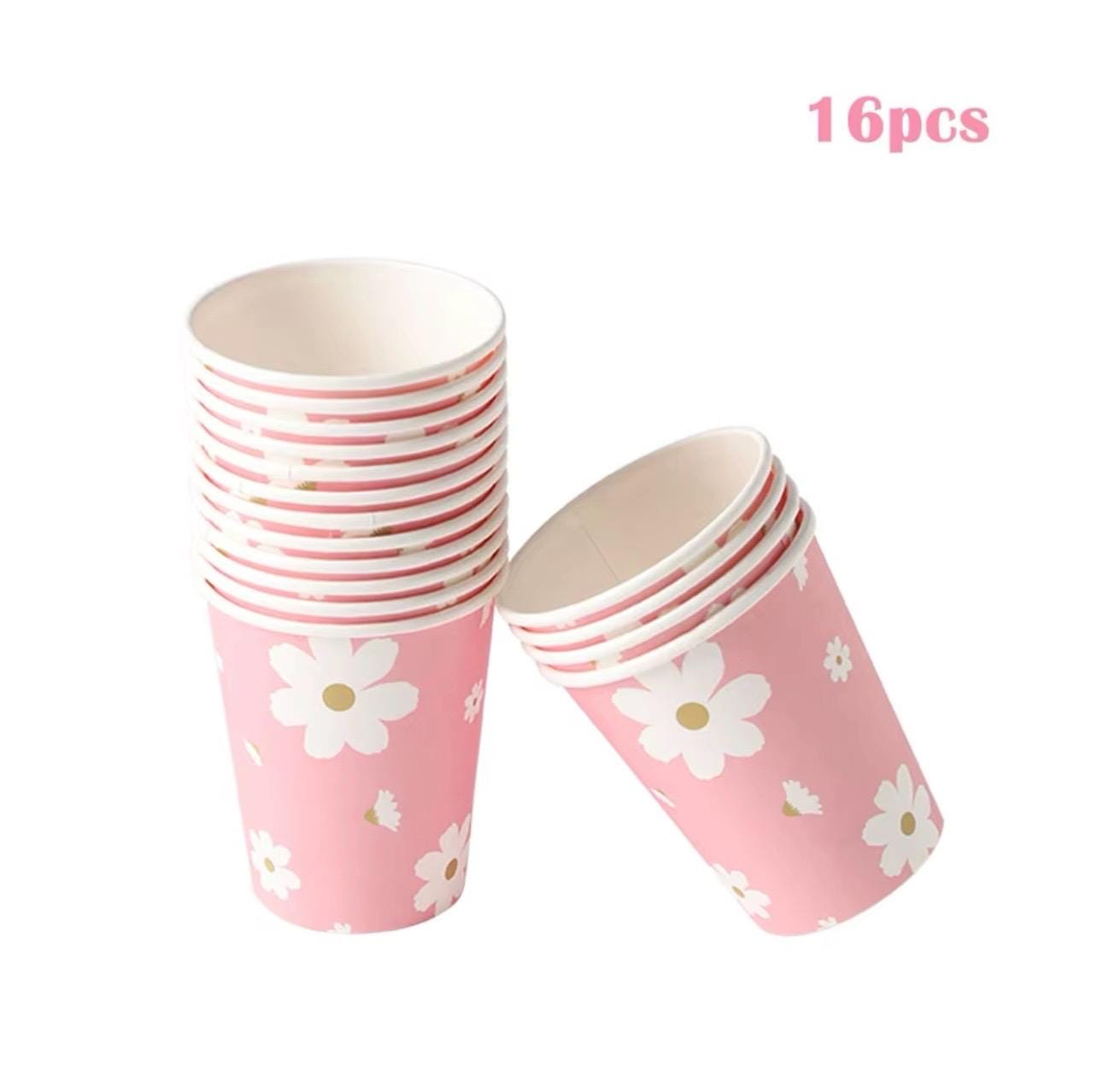 Set Vaisselle Fête SUNBEAUTY Motif Marguerites - 16 Assiettes, Gobelets, Serviettes, Pailles