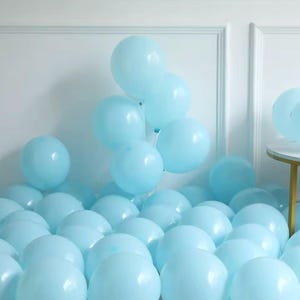 May include: A display of light blue balloons, some grouped and others spread out. The balloons are spherical and inflated, creating a celebratory feel. The background is a plain white wall. The balloons are suitable for a party.