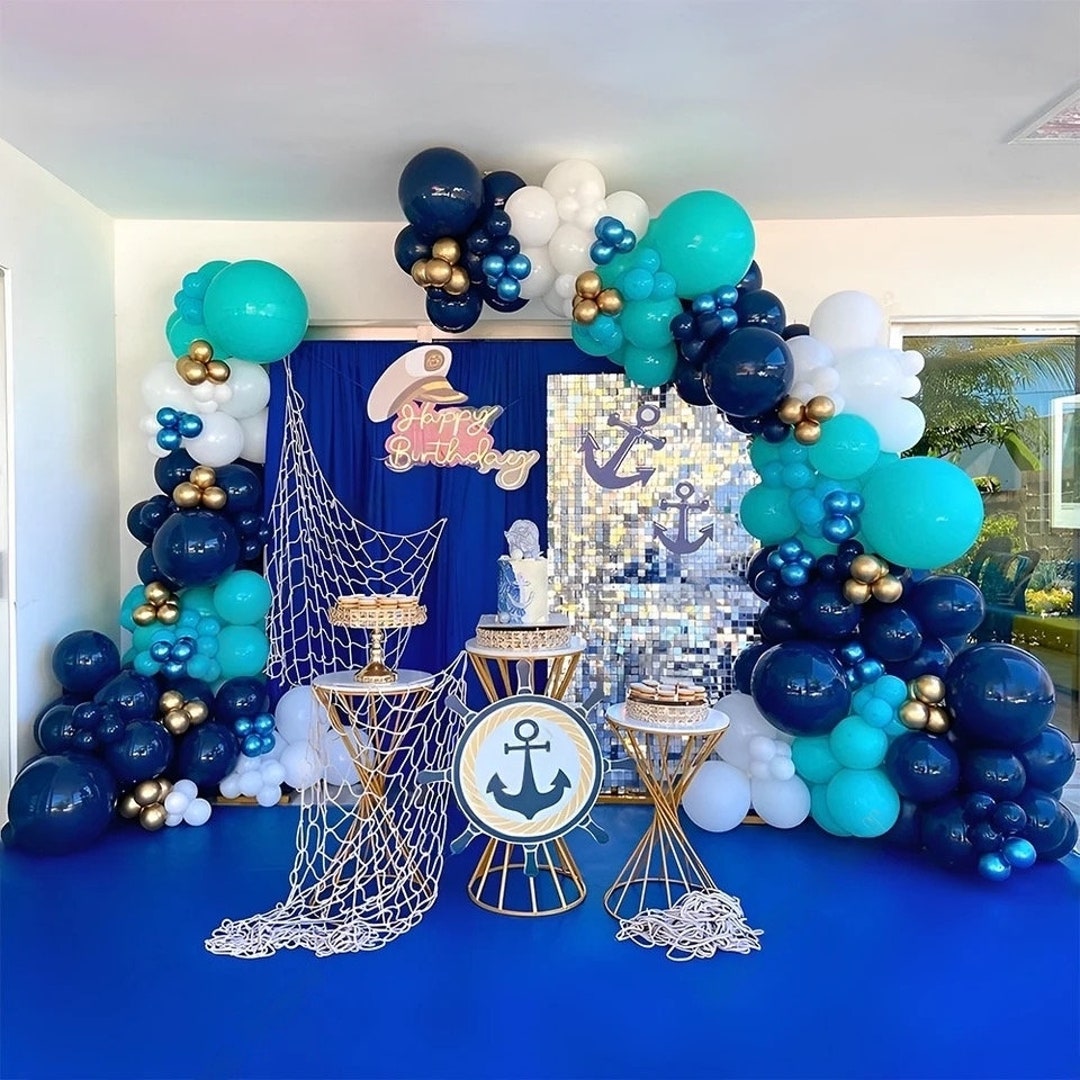 Nautical Baby Shower Decorations for Boy, Ahoy It's A Boy Banner Balloon  Garland Arch Kit with Navy Blue Fishing Net for Nautical Themed Party