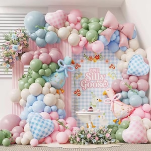 One Silly Goose Balloon Garland Kit 138pcs | Pink Blue Bow Goose Balloons | 1st Birthday, Baby Shower or Girls Birthday Party Decorations