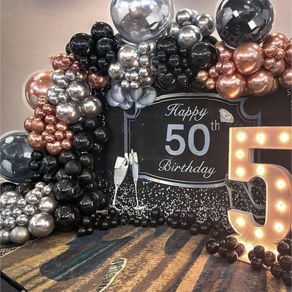 50th Birthday Party Decorations, 50th Black Gold Birthday Backdrop Banner and Confetti Balloons Gold Black White Balloons Garland Arch Kit-Men Women