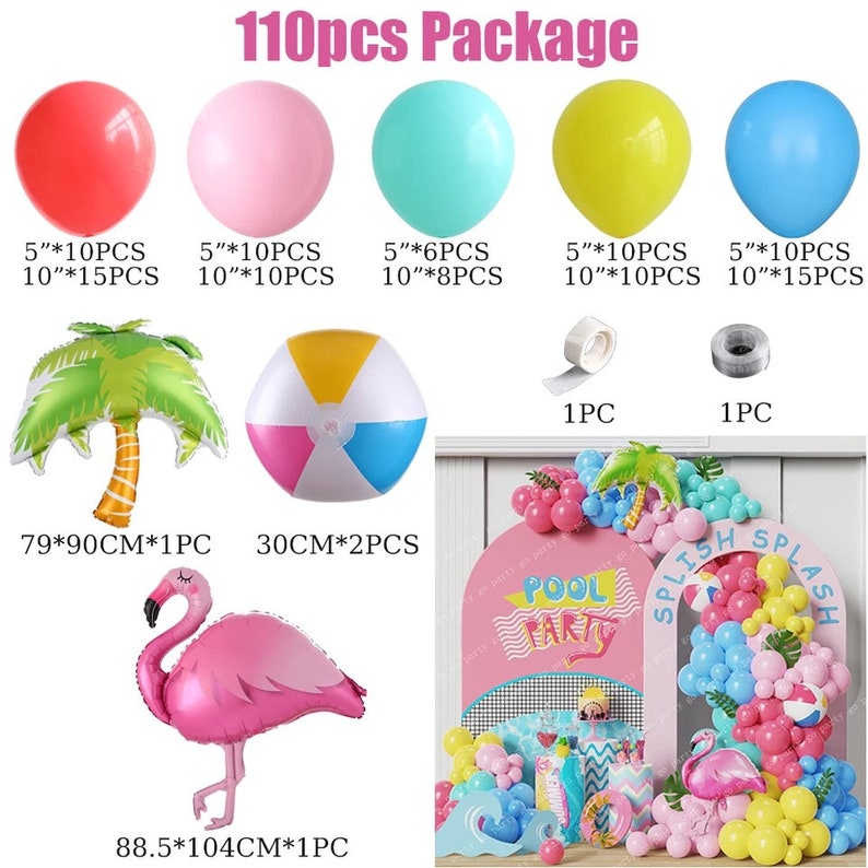 Peut inclure: Un ensemble de 110 d&eacute;corations de f&ecirc;te sur le th&egrave;me de l'&eacute;t&eacute;, comprenant des ballons, un palmier, un ballon de plage, un flamant rose et deux rouleaux de ruban adh&eacute;sif. Les ballons sont de diff&eacute;rentes couleurs, notamment rose, bleu, jaune et vert. Les ballons sont dispos&eacute;s en forme d'arche festive. Le texte "POOL PARTY" est visible sur un fond rose. Le texte "SPLISH SPLASH" est visible sur un fond bleu.