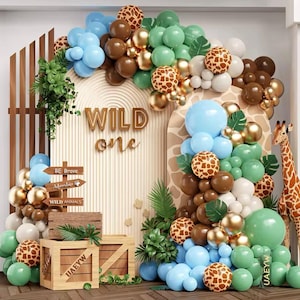 Ghirlanda di palloncini Wild One Safari / Arco di palloncini Jungle / Decorazioni per compleanno Safari / Palloncini per festa del 1° compleanno / Verde, oro e stampa animalier