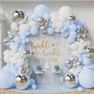 157 peças de guirlanda de balão de chá de bebê azul, kit DIY de balão, arco de balão azul e branco, exibição de balão de batismo de menino, primeira festa de aniversário