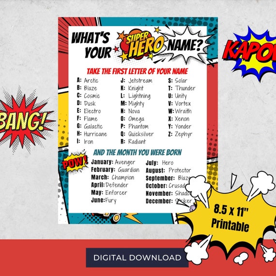 Superhero Party Sign What's Your Superhero Name Sign Superhero Birthday  Superhero Name Game Superhero Party 8x10 Printable DIGITAL 