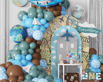 Kit ghirlanda di palloncini a tema avventura di viaggio da 102 pezzi, arco di palloncini intorno al mondo, decorazioni per palloncini per la festa di addio, decorazioni per feste Bon Voyage